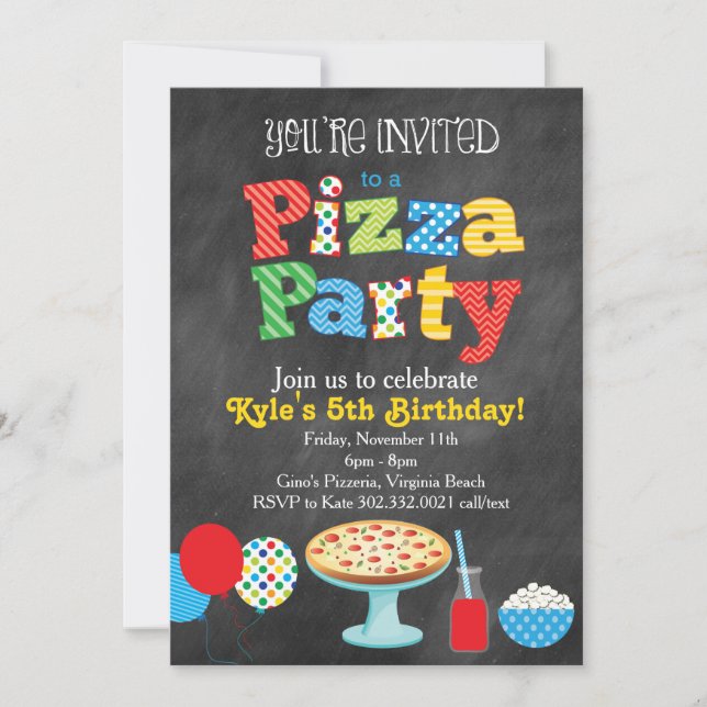 Convite de festas De Pizza De Chalkboard (Cores Pr (Frente)