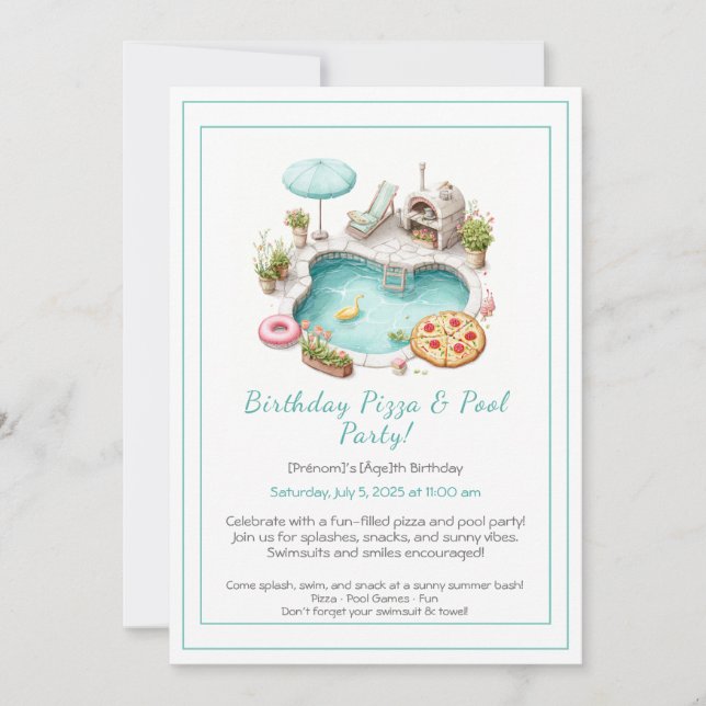 Convite de festas de pizza Piscina - Divertido Ani (Frente)
