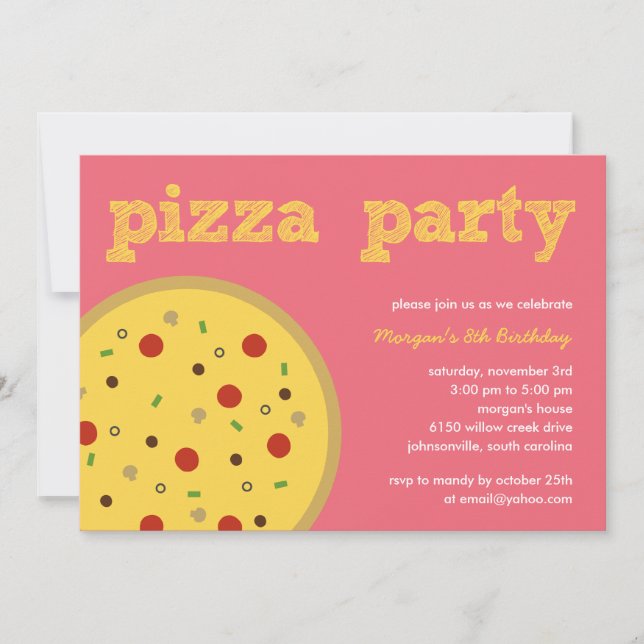 Convite de festas de pizza (rosa) (Frente)
