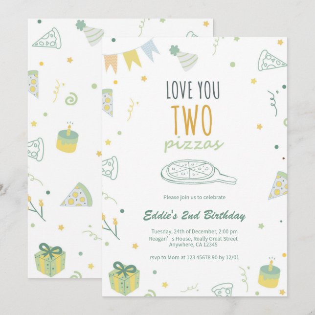 Convite de festas de pizza segundo aniversário azu (Frente/Verso)
