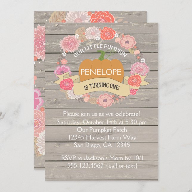 Convite de festas de primeiro aniversario cor-de-r (Frente/Verso)