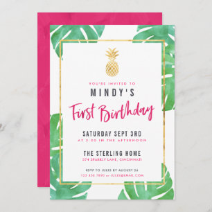 Convite de festas de primeiro aniversario rosa e D