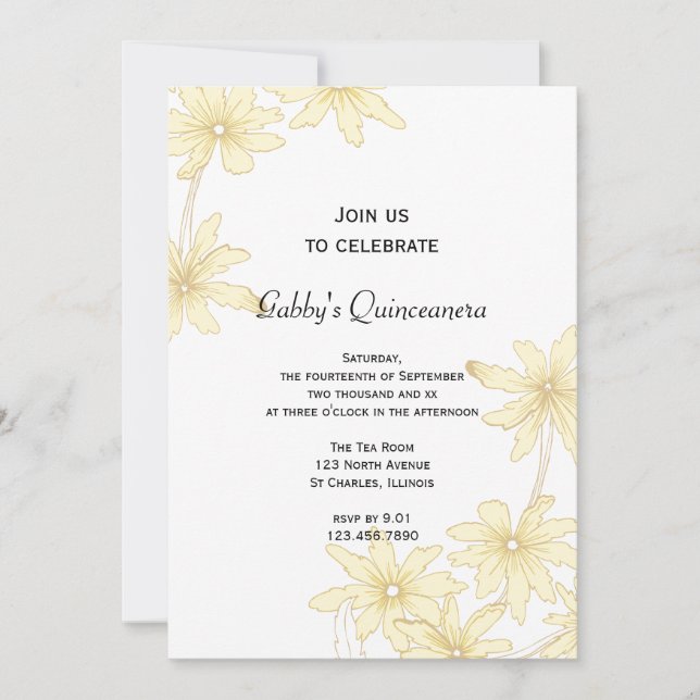 Convite de festas de Quinceanera Amarelo (Frente)