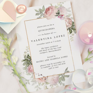 Convite de festas de Quinceanera Floral Cor-de-Ros