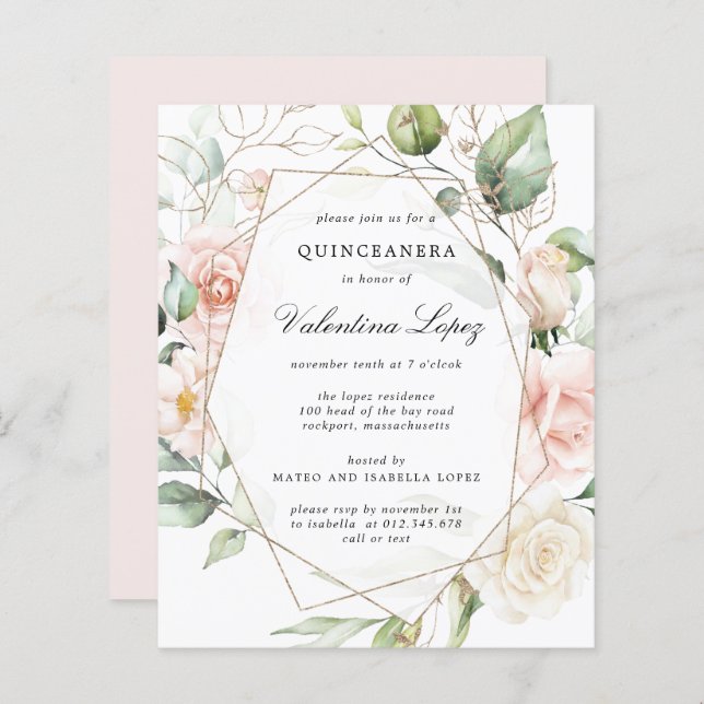 Convite de festas de Quinceanera Floral Cor-de-Ros (Frente/Verso)