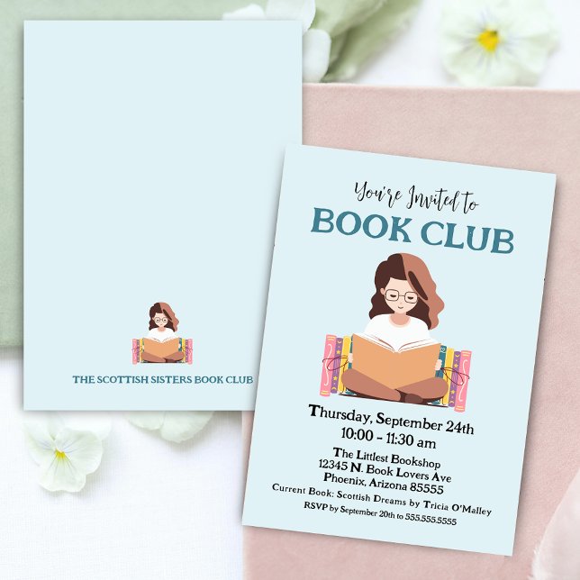 Convite de festas de Reunião do Clube de Livros Re (retro woman girl reading book club meeting party invitation for bookish book lovers social events)
