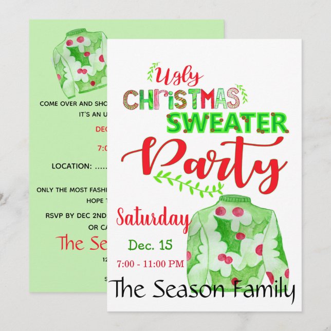 Convite de festas de Suéter de Natal Feio (Frente/Verso)