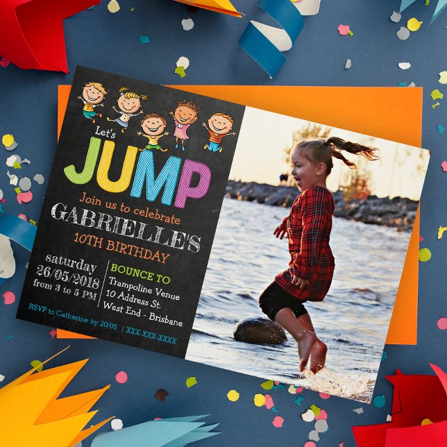 Convite de festas de Trampoline de Fotografias (Jump into fun with our trampoline party! Bounce, laugh, and celebrate in the air!)