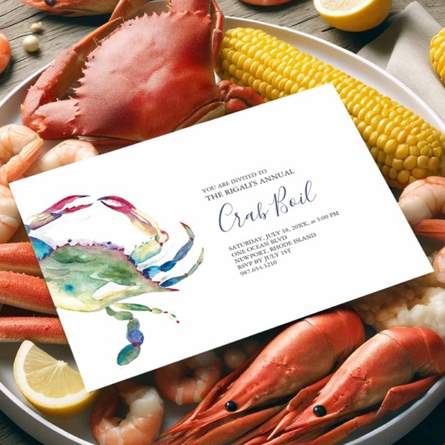 Convite de festas de Verão de Blue Crab Boil (Seafood boil invitations features a watercolor blue crab art by Victoria Grigaliunas Do Tell A Belle)