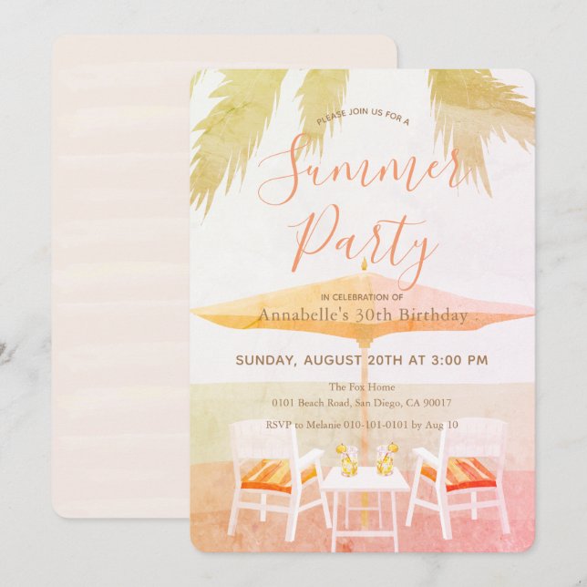 Convite de festas de Verão de praia tropical rosa (Frente/Verso)