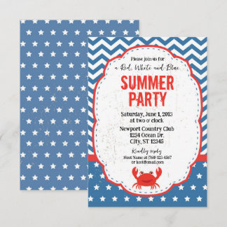Convite de festas de Verão Vermelho, Branco e Azul