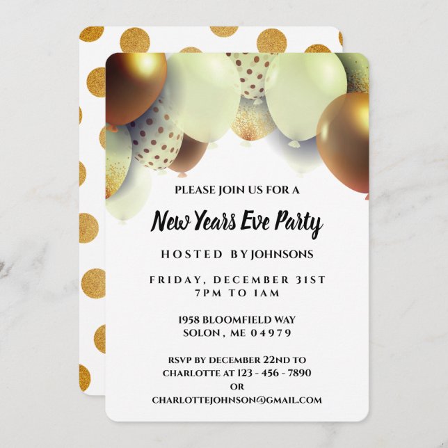 Convite de festas de Véspera de ano novo Dourada E (Frente/Verso)