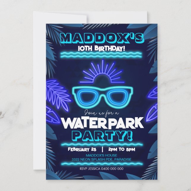 Convite de festas de Waterpark Neon Boy Summer (Frente)