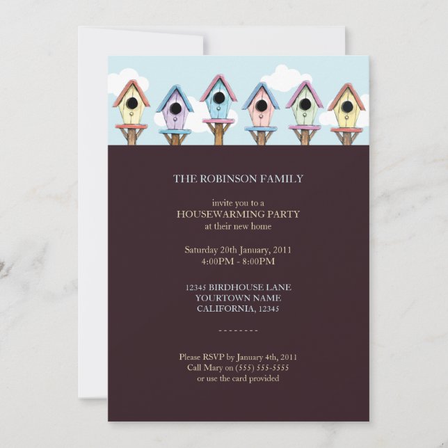 Convite de festas do Housewarming dos Birdhouses | (Frente)