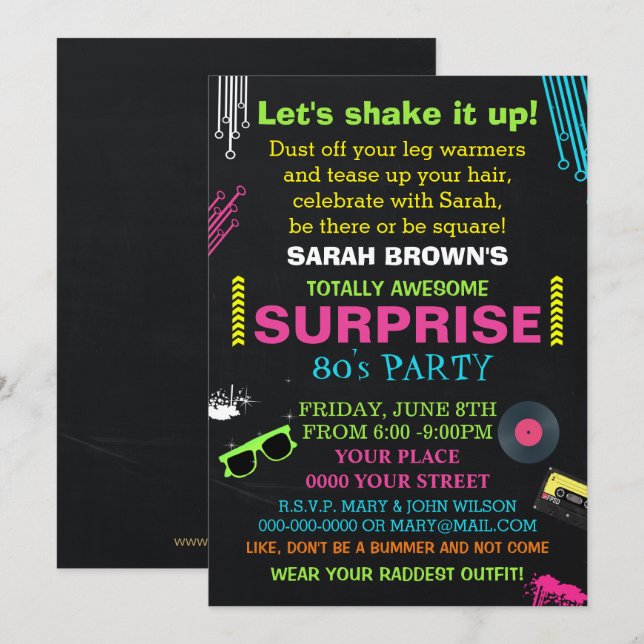 convite de festas dos anos 80 totalmente incrível (Frente/Verso)