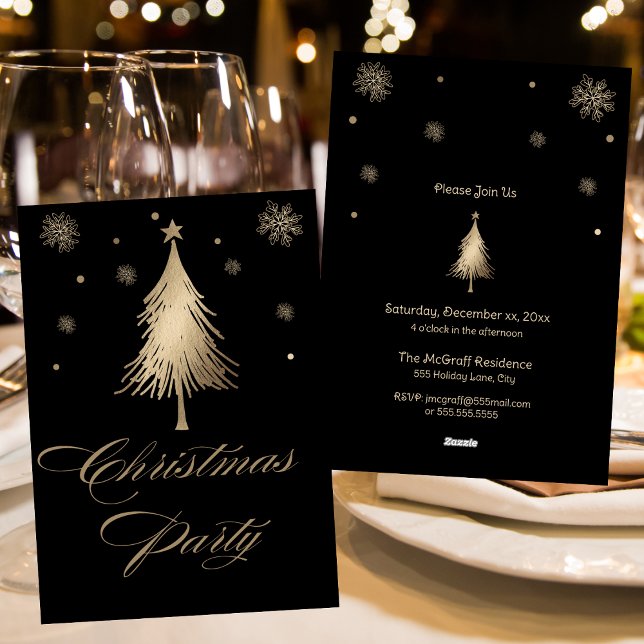 Convite de festas Dourado de Natal Elegante (Elegant Gold Black Christmas Party Invitation)