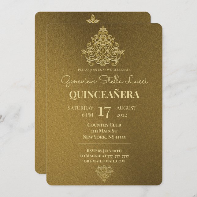 Convite de festas Dourado de Quinceañera (Frente/Verso)