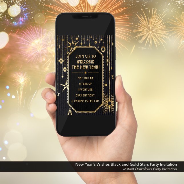 Convite de festas Dourado e negro de Ano Novo (New Year's Eve Party E-Card Invitation Slide 1: Glamorous, Art Deco, Retro, Black with Gold Stars)