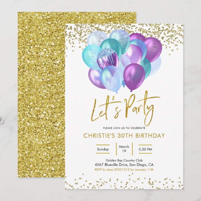 Convite de festas espumante de tetos e púrpura (Frente/Verso)