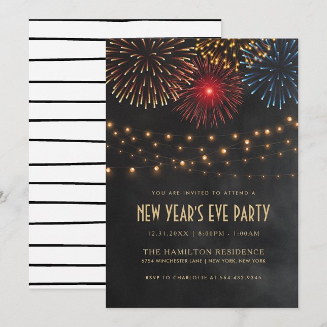 CONVITE DE FESTAS EVE DO ANO NOVO| Luzes de String (Frente/Verso)