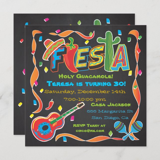 Convite de festas Fiesta mexicano no quadro (Frente/Verso)