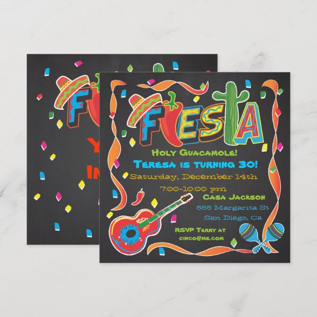 Convite de festas Fiesta mexicano no quadro (Frente/Verso)