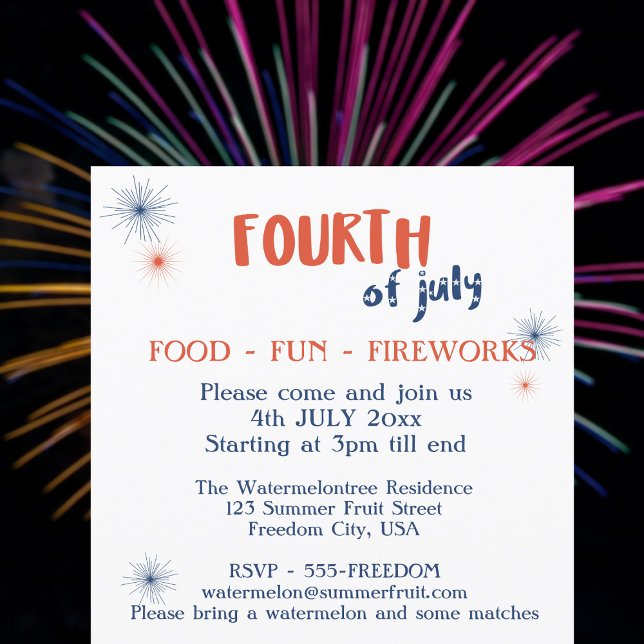 convite de festas Fireworks de diversão de Comida  (Food, Fun, Fireworks! Perfect for a 4th of July Party)