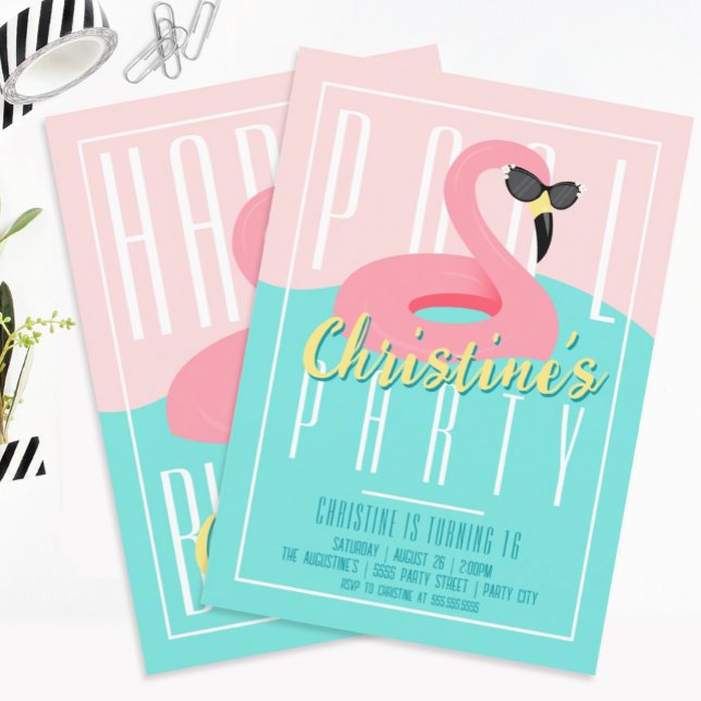 convite de festas Flamingo de Piscina 90 (Criador carregado)