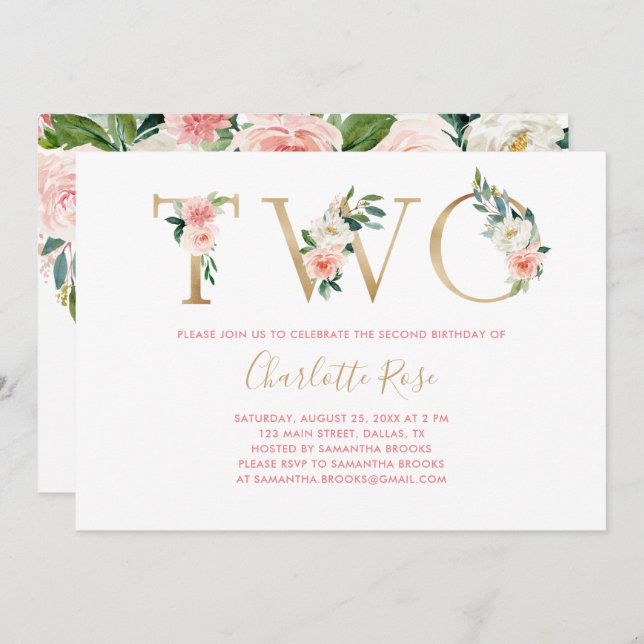 Convite de festas Floral, Rosa E Dourado (Frente/Verso)