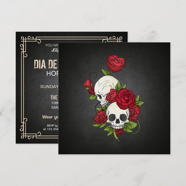 Convite de festas Floral Skulls Dia de los Muertos (Frente/Verso)