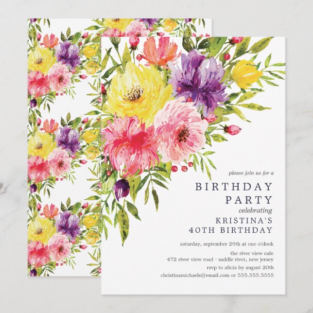 Convite de festas FloralBirthday Primavera de de A (Frente/Verso)