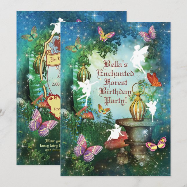 Convite de festas Floresta de Fada de Madeira Enca (Frente/Verso)