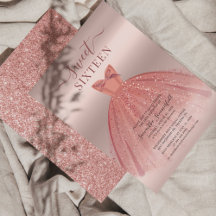 Convite de festas Glitter Rosa Dourado Sweet 16 Bd