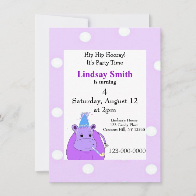 Convite de festas Hippo Roxo (Frente)