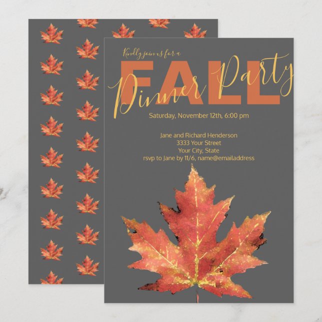 Convite de festas Jante de Cinza Laranja de Queda  (Frente/Verso)