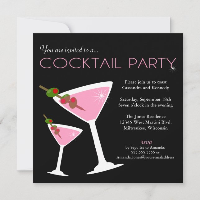 Convite de festas Martini Cocktail Rosa (Frente)