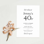 Convite de festas moderno minimalista<br><div class="desc">Este convite de festas de aniversário de 40 anos de tipografia minimalista é perfeito para uma festa de aniversário moderna. A simples design apresenta uma tipografia clássica minimalista, a preto e branco, com um toque moderno. Personalizável em qualquer cor. Mantenha o design mínimo e elegante, como está, ou personalize-o adicionando...</div>