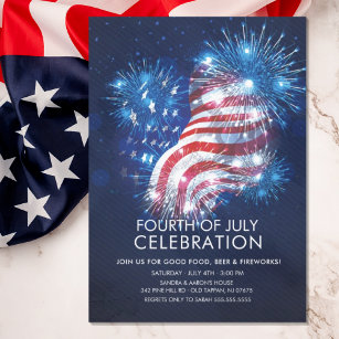 Convite de festas Patriótico do Flag e Fireworks