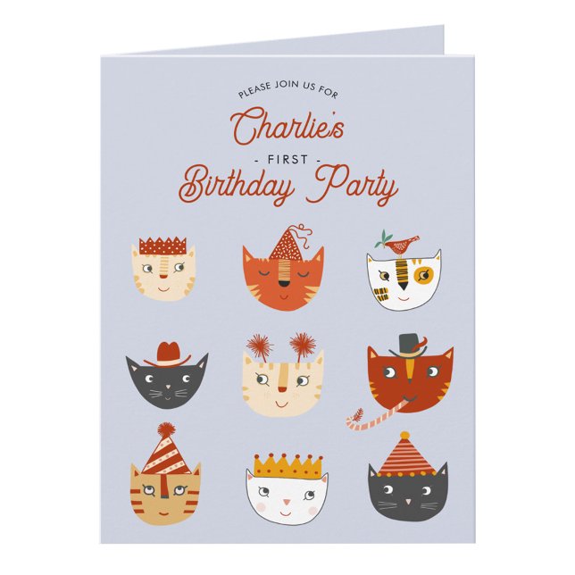 Convite de festas Personalizado de primeiro aniver (Fun kitty cat first birthday party invitation with custom text)