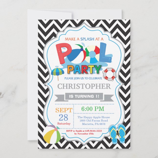 Convite de festas Piscina - Garoto de abertura pre (Frente)