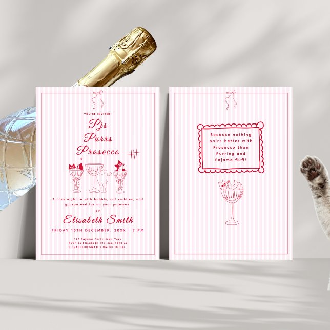 Convite de festas PJs, Purrs e Prosecco Cat Pajama (PJs, Purrs & Prosecco Cat Pajama Party Invitation)