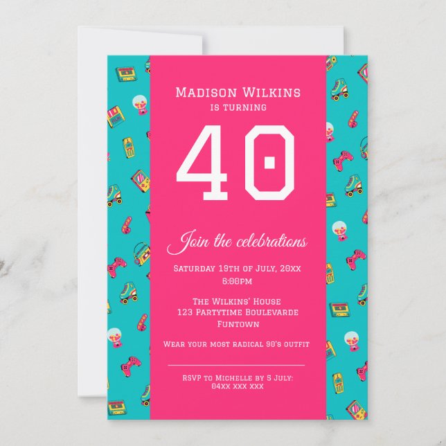 Convite de festas plano - diversão retrô-rosa-quen (Frente)