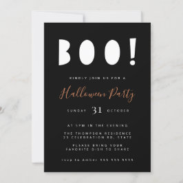 Convite de festas preto de Boo Halloween minimalis