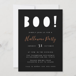 Convite de festas preto de Boo Halloween minimalis