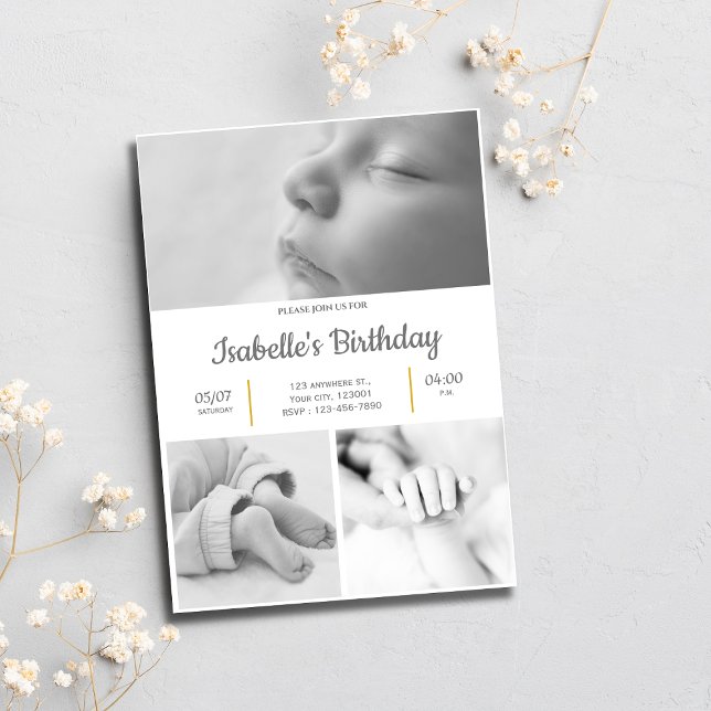 Convite de festas primeiro aniversario branco e pr (Criador carregado)