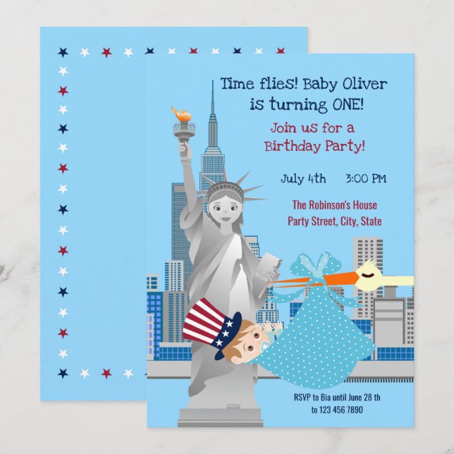 convite de festas primeiro aniversario de 4 de jul (Frente/Verso)