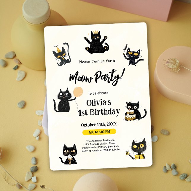 Convite de festas primeiro aniversario preto engra (Funny Black Kitty 1st Birthday Party Invitation)