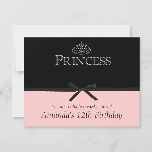 Convite de festas princesa de preto e rosa (Frente)