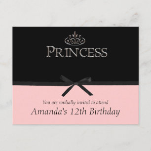 Convite de festas princesa de preto e rosa