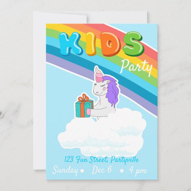 Convite de festas Rainbow Unicorn Kids (Frente)